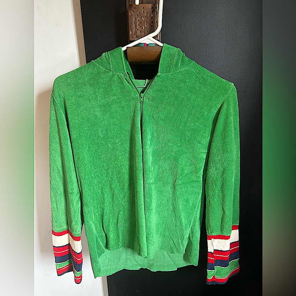 Vintage 70s/80s Green Striped Terry Cloth Cropped Hoodie Size M